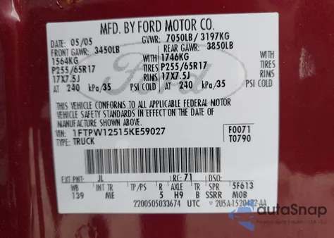 2005 Ford F-150 Lariat/Xlt из США, поврежденный, VIN 1FTPW12515KE59027